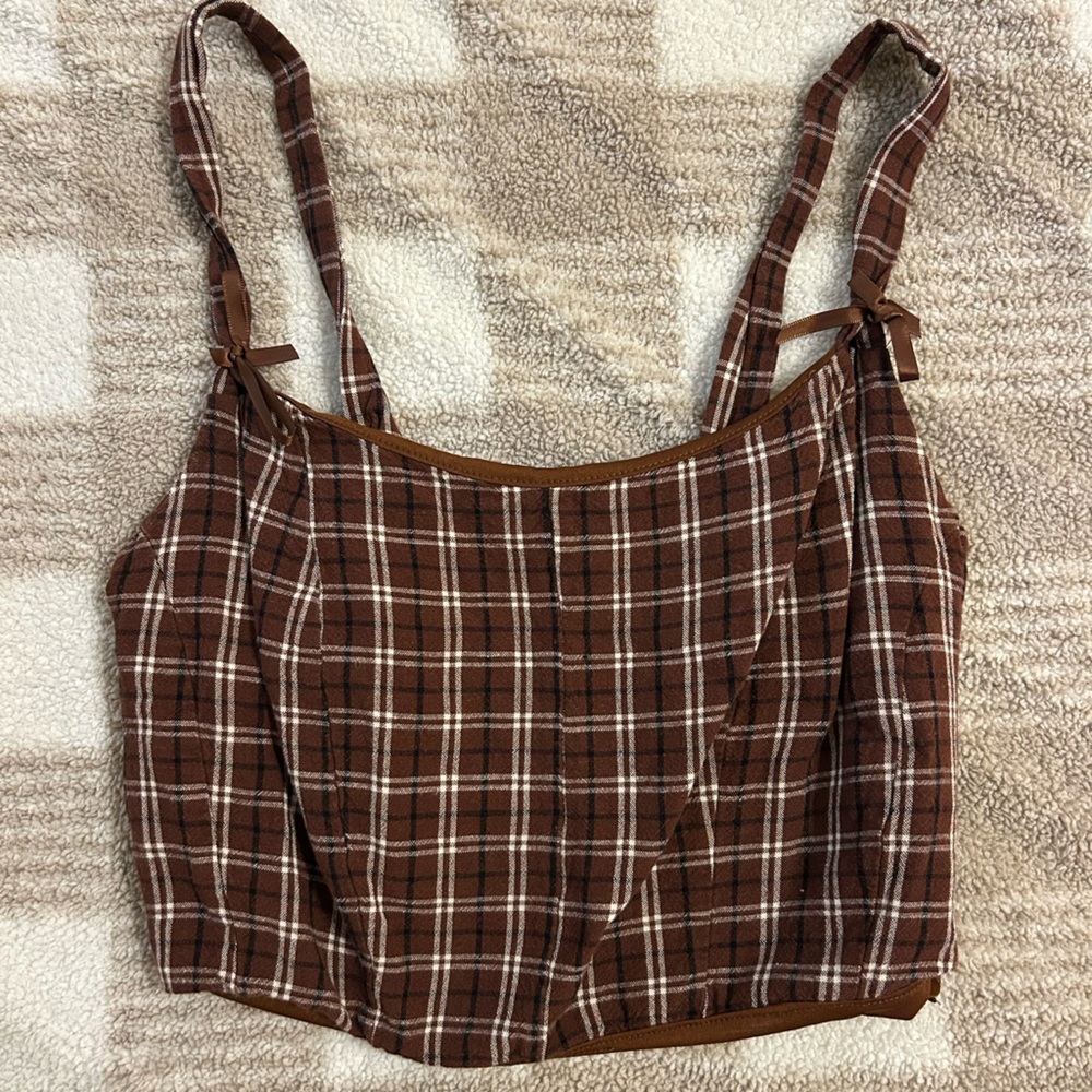 Brown bow plaid tank top